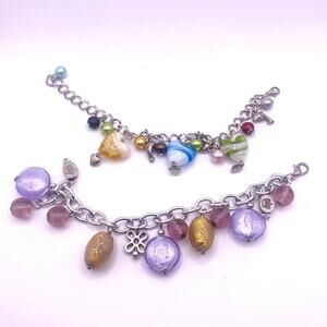 Vintage Bracelets set of 2 Venetian Glass Charm Beads in Silver Tone 7” inches